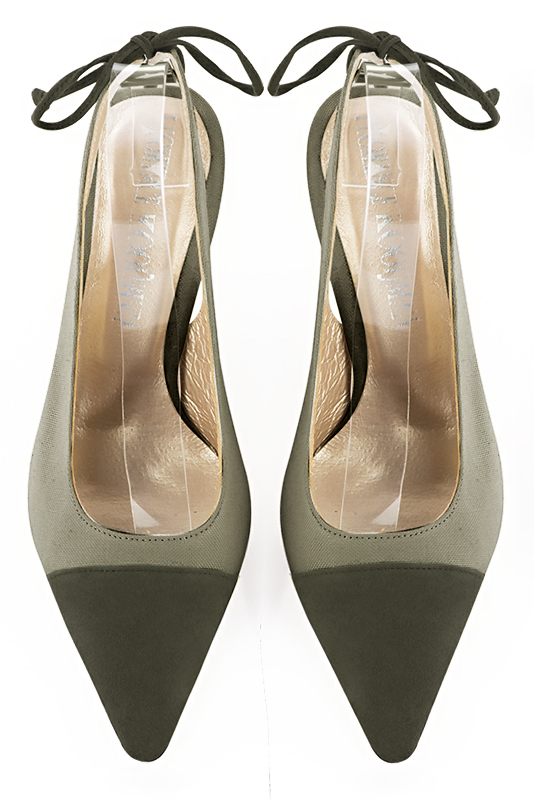Khaki green women's slingback shoes. Pointed toe. Medium slim heel. Top view - Florence KOOIJMAN